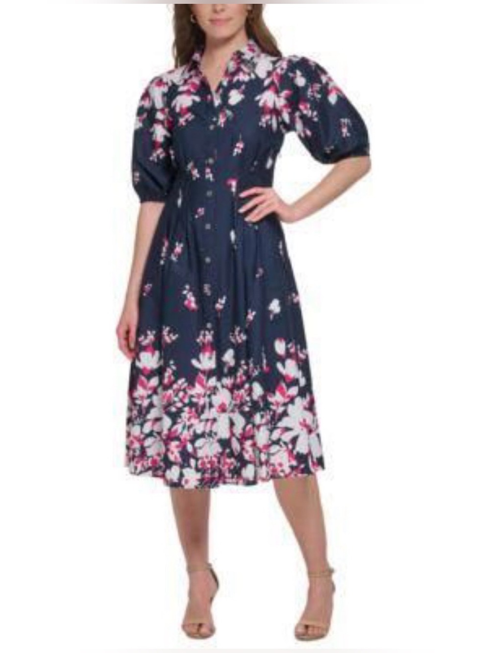 Tommy Hilfiger Navy Floral Button-Front Midi Dress with Puff Sleeves